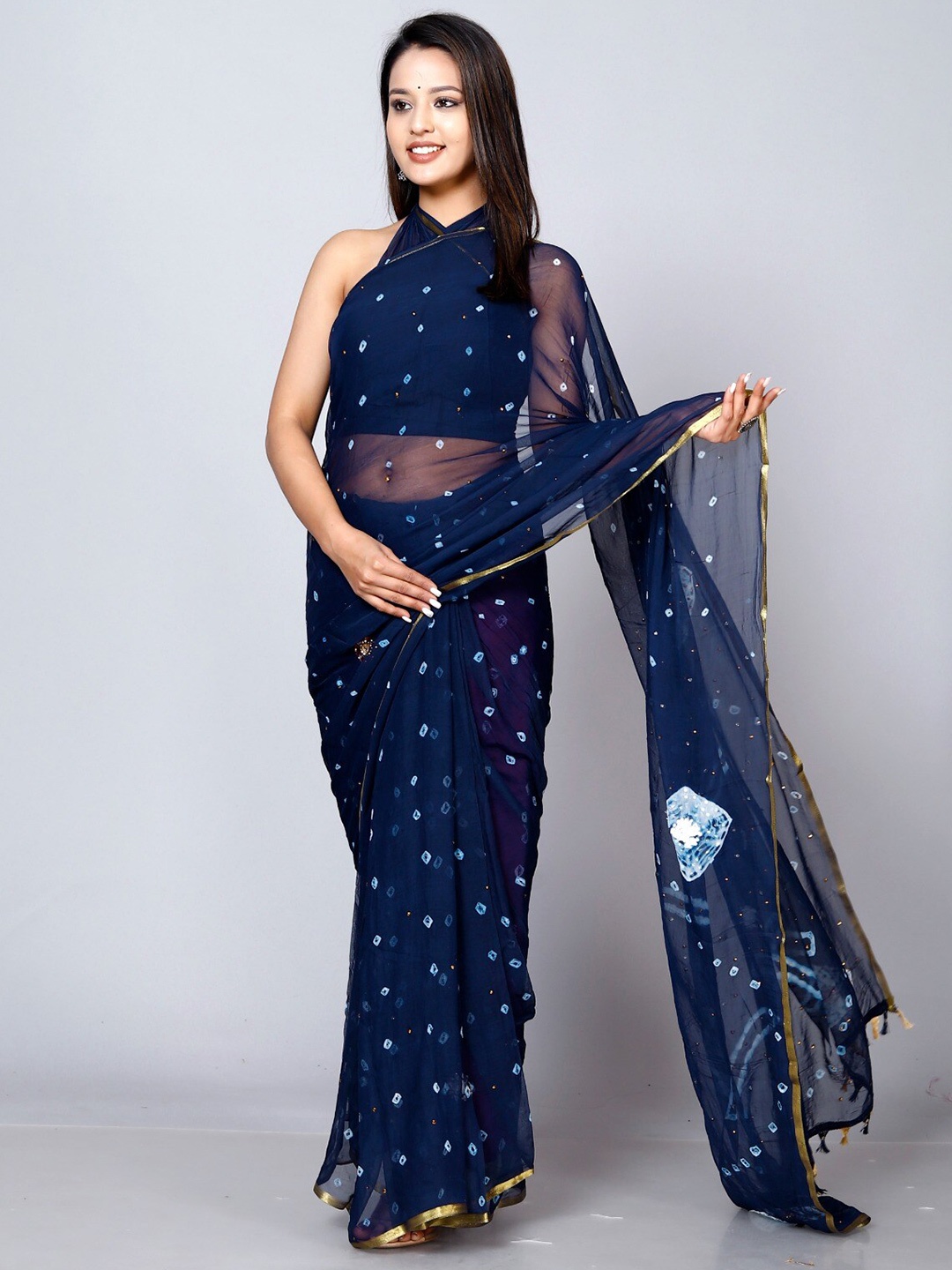 

VL SAREES Tie and Dyed Beads and Stones Pure Chiffon Block Print Saree, Blue