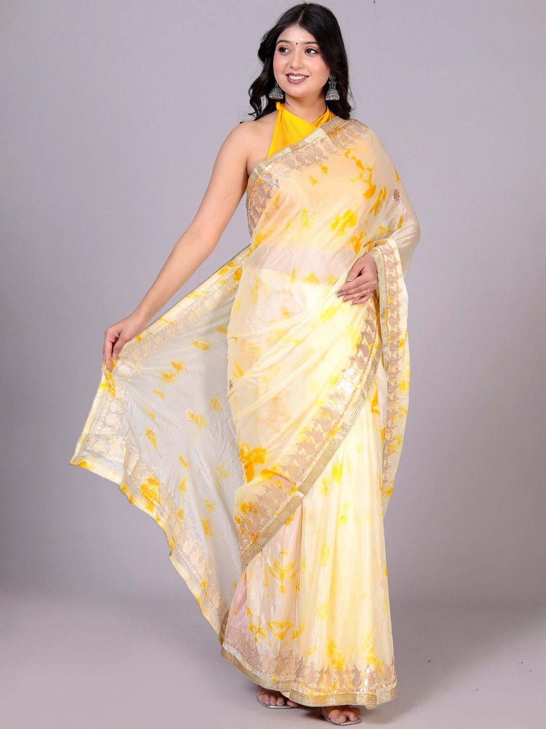 

VL SAREES Tie and Dye Printed Gotta Patti Pure Chiffon Saree, Yellow