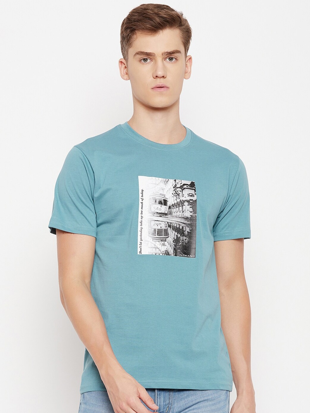 

Okane Graphic Printed Round Neck Cotton T-shirt, Blue