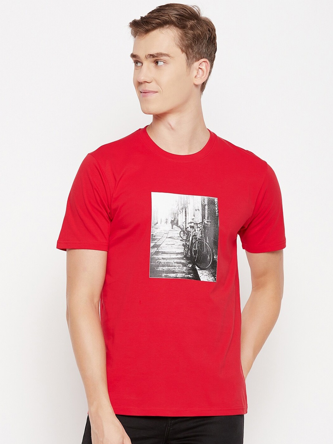 

Okane Graphic Printed Round Neck Short Sleeves Cotton T-shirt, Red