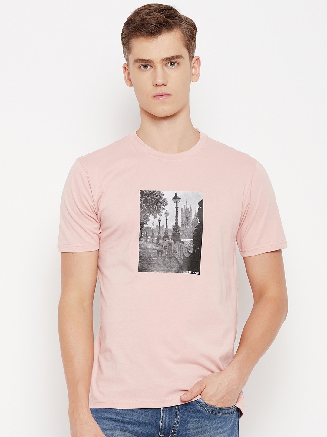 

Okane Round Neck Short Sleeves Graphic Printed Regular Fit Cotton T-shirt, Pink