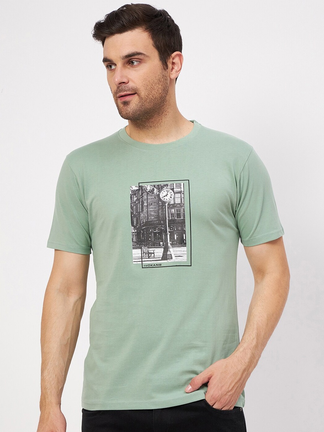 

Okane Graphic Printed Round Neck Cotton T-shirt, Green