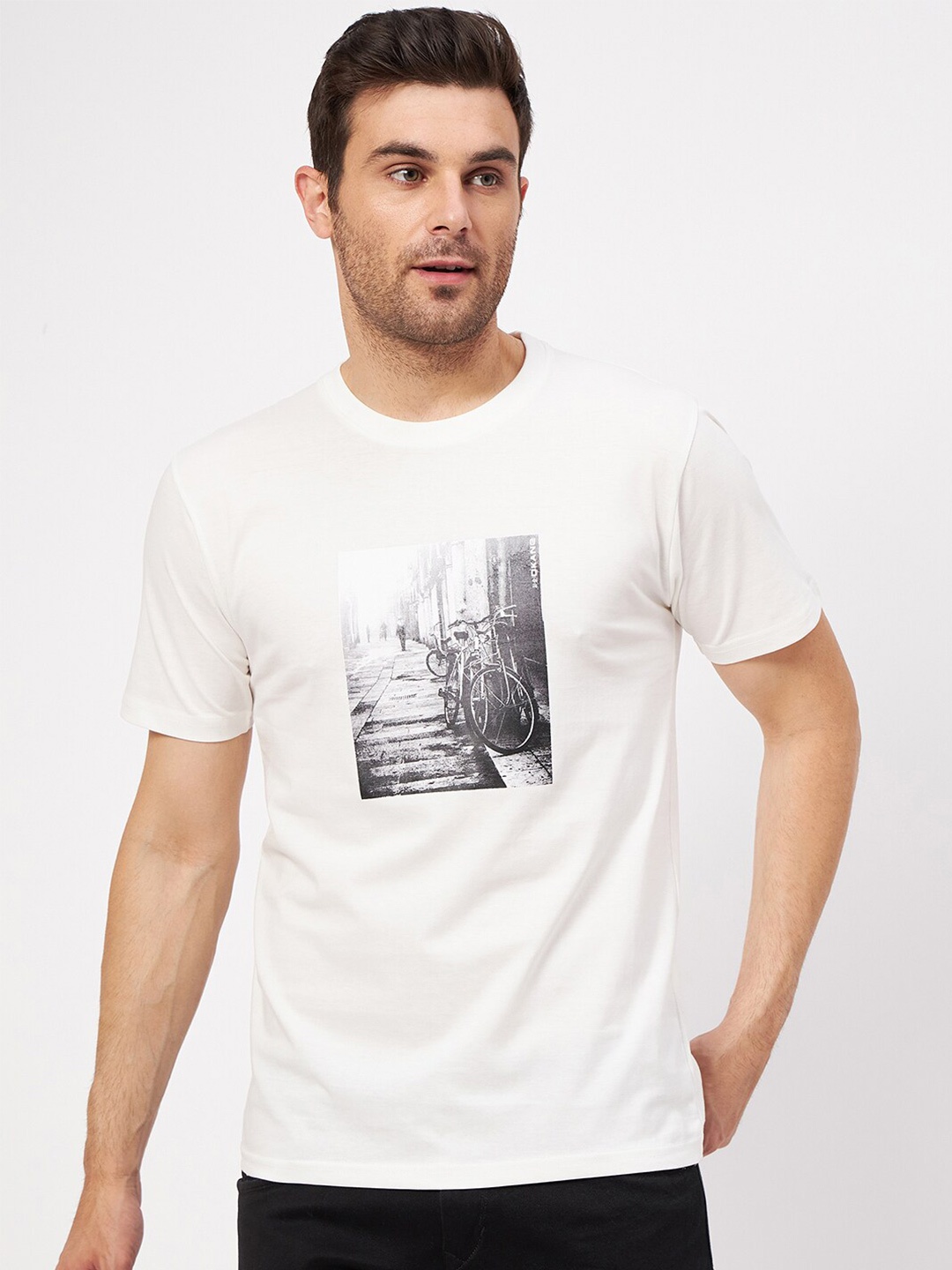 

Okane Round Neck Short Sleeves Graphic Printed Regular Fit Cotton T-shirt, White