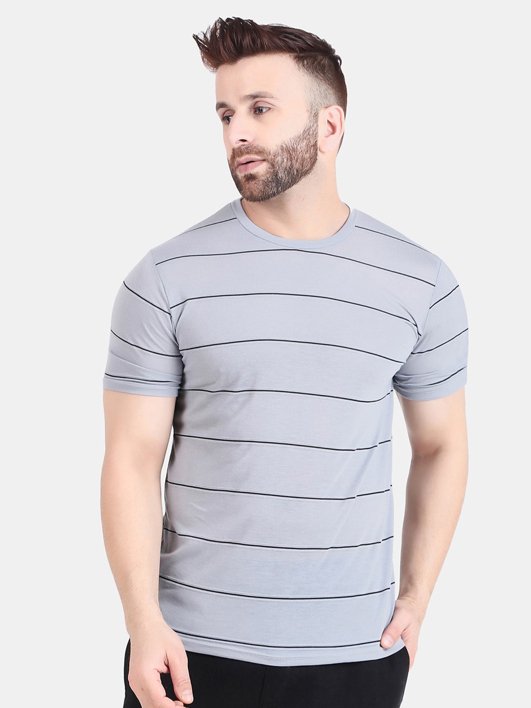 

WELL QUALITY Round Neck Striped Short Sleeves T-shirt, Grey