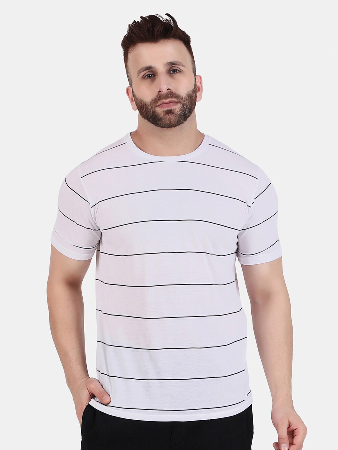 

WELL QUALITY Round Neck Striped Short Sleeves T-shirt, Grey