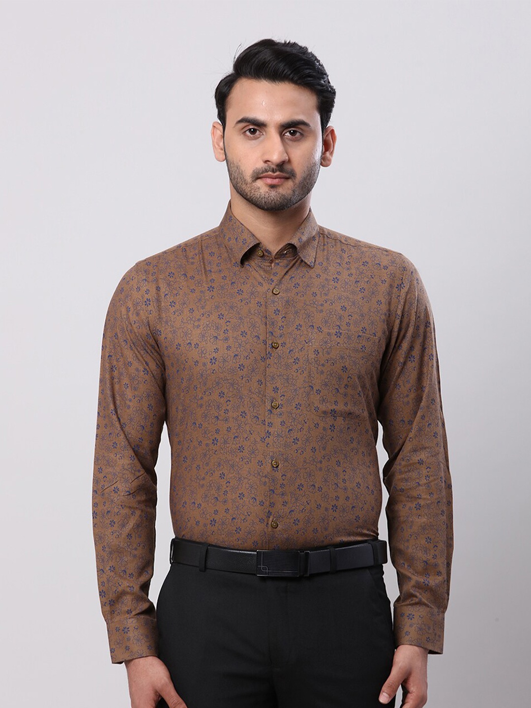 

Raymond Printed Contemporary Fit Button-Down Collar Formal Shirt, Brown