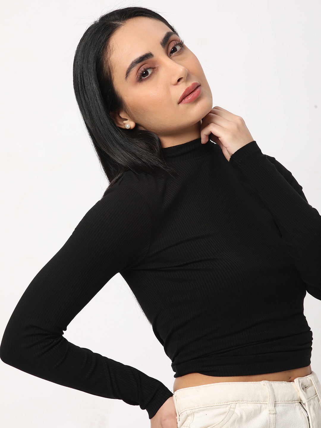 

R&B Ribbed High Neck Cotton Crop Top, Black