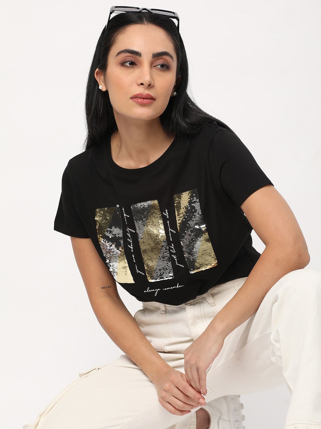 

R&B Graphic Embellished Cotton T-shirt, Black