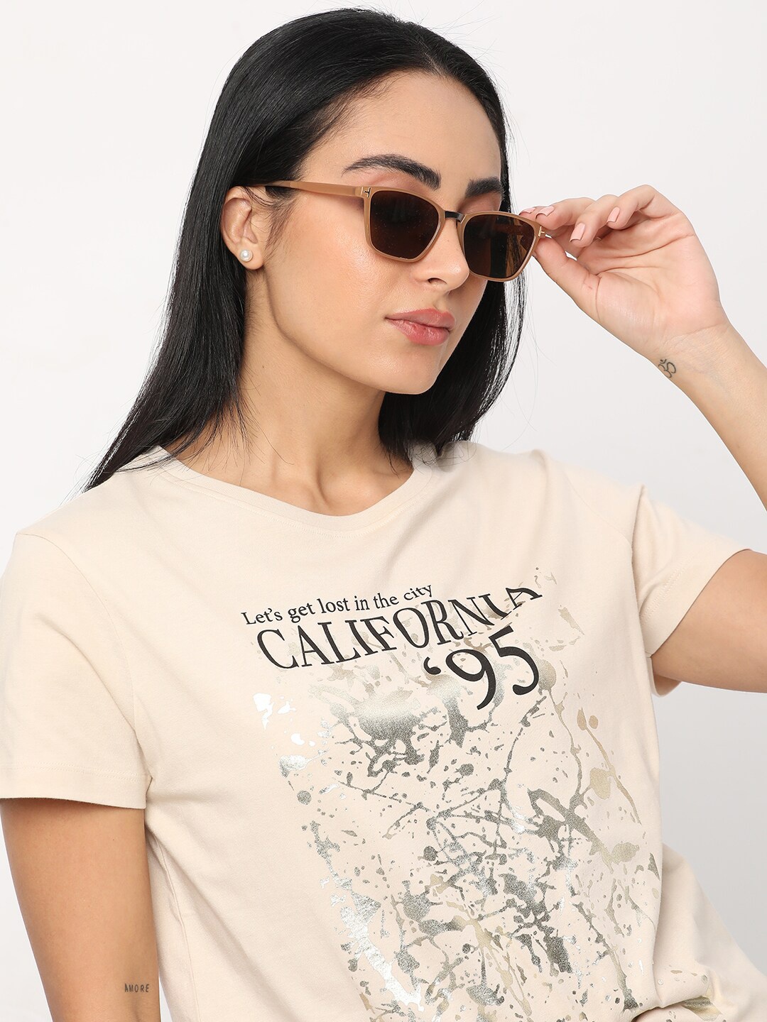 

R&B Typography Printed Round Neck Cotton T-Shirt, Beige