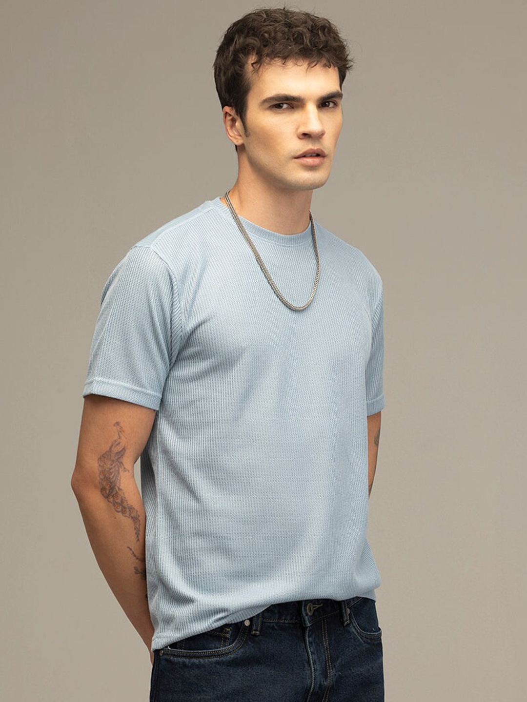 

Snitch Blue Self Design Round Neck Casual T-shirt
