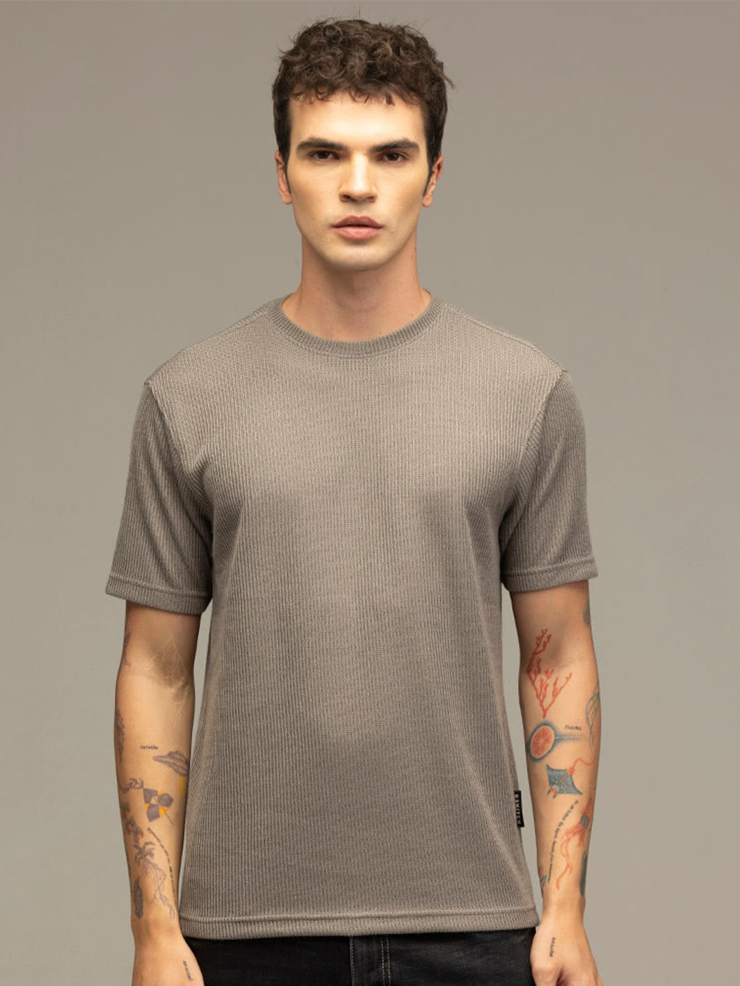 

Snitch Grey Textured Round Neck Short Sleeves T-shirt