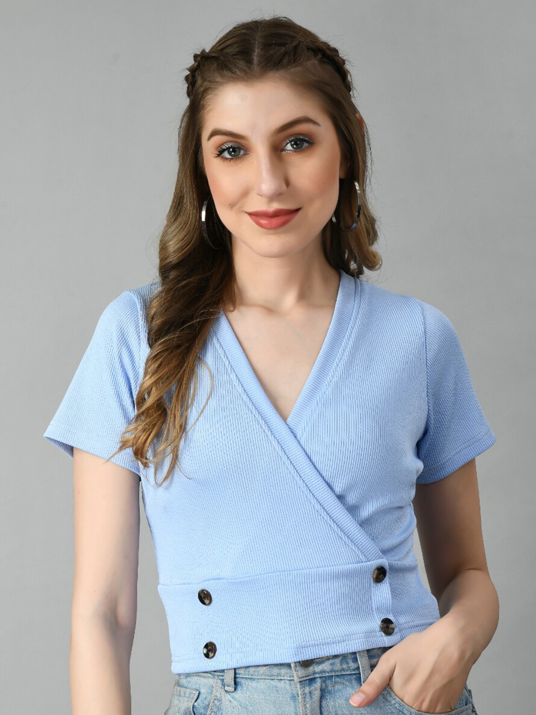 

Moshe Ribbed V-Neck Wrap Crop Top, Blue