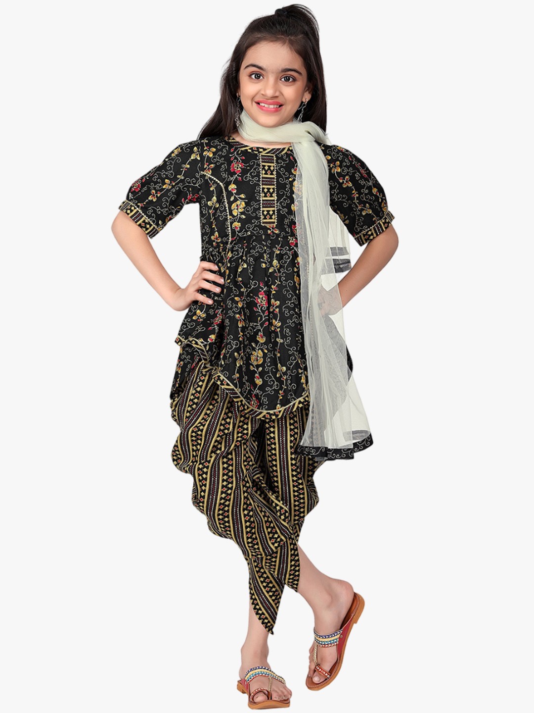

BAESD Girls Floral Printed Round Neck Short Sleeves Kurti Set, Black