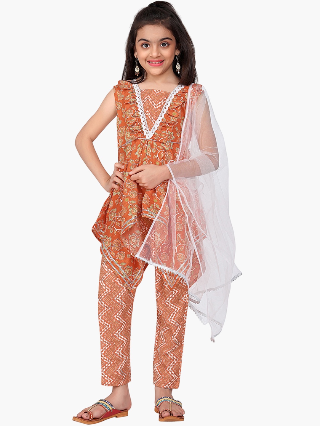 

BAESD Girls Floral Printed V-Neck Sleeveless Kurti Set, Orange