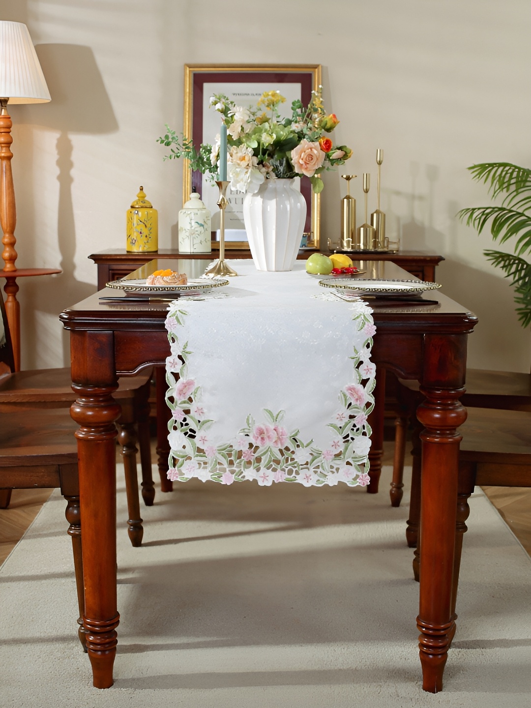 

MONKDECOR White & Pink Embroidered Satin Table Runner