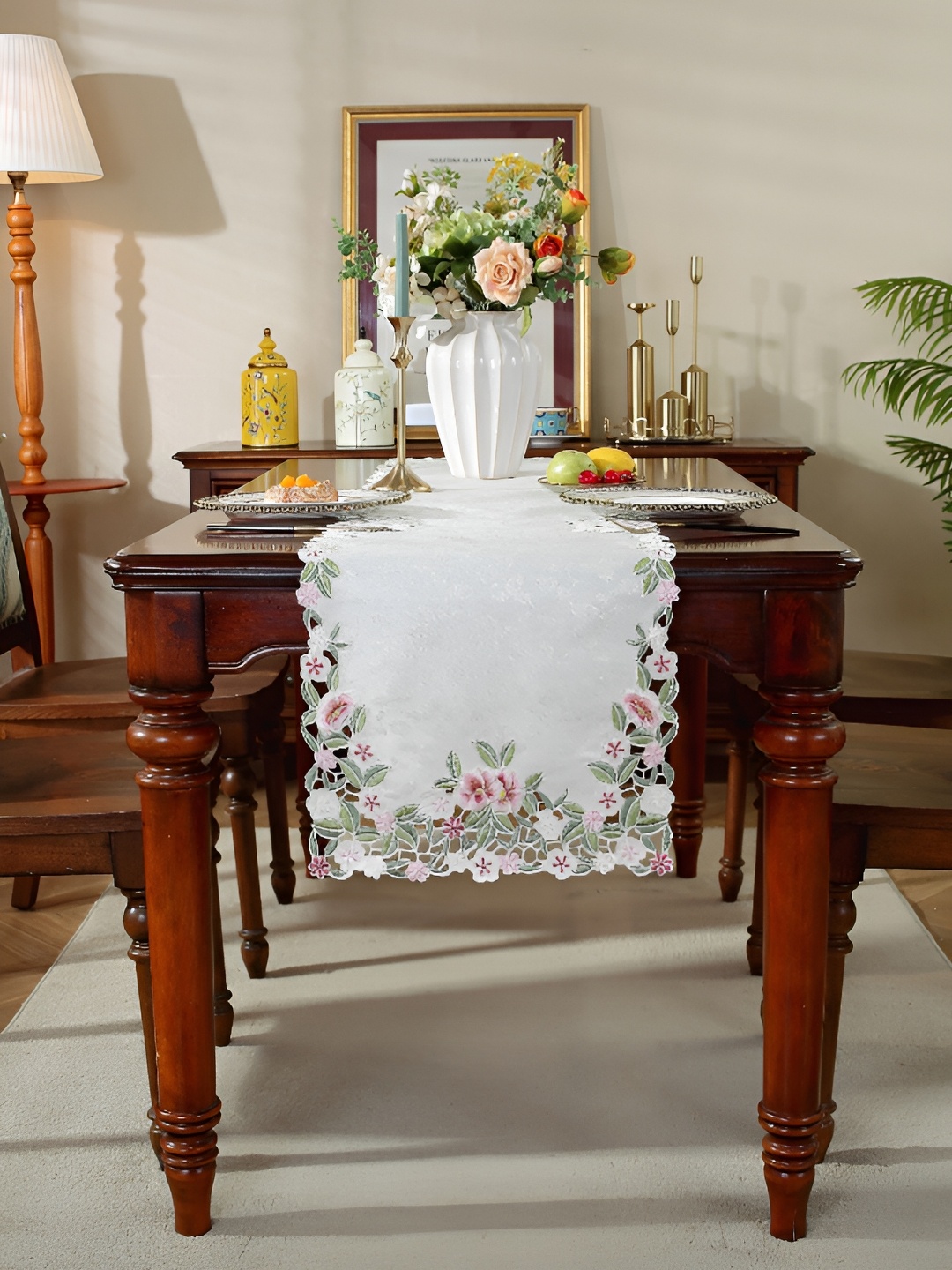 

MONKDECOR White & Pink Embroidered Satin Table Runner