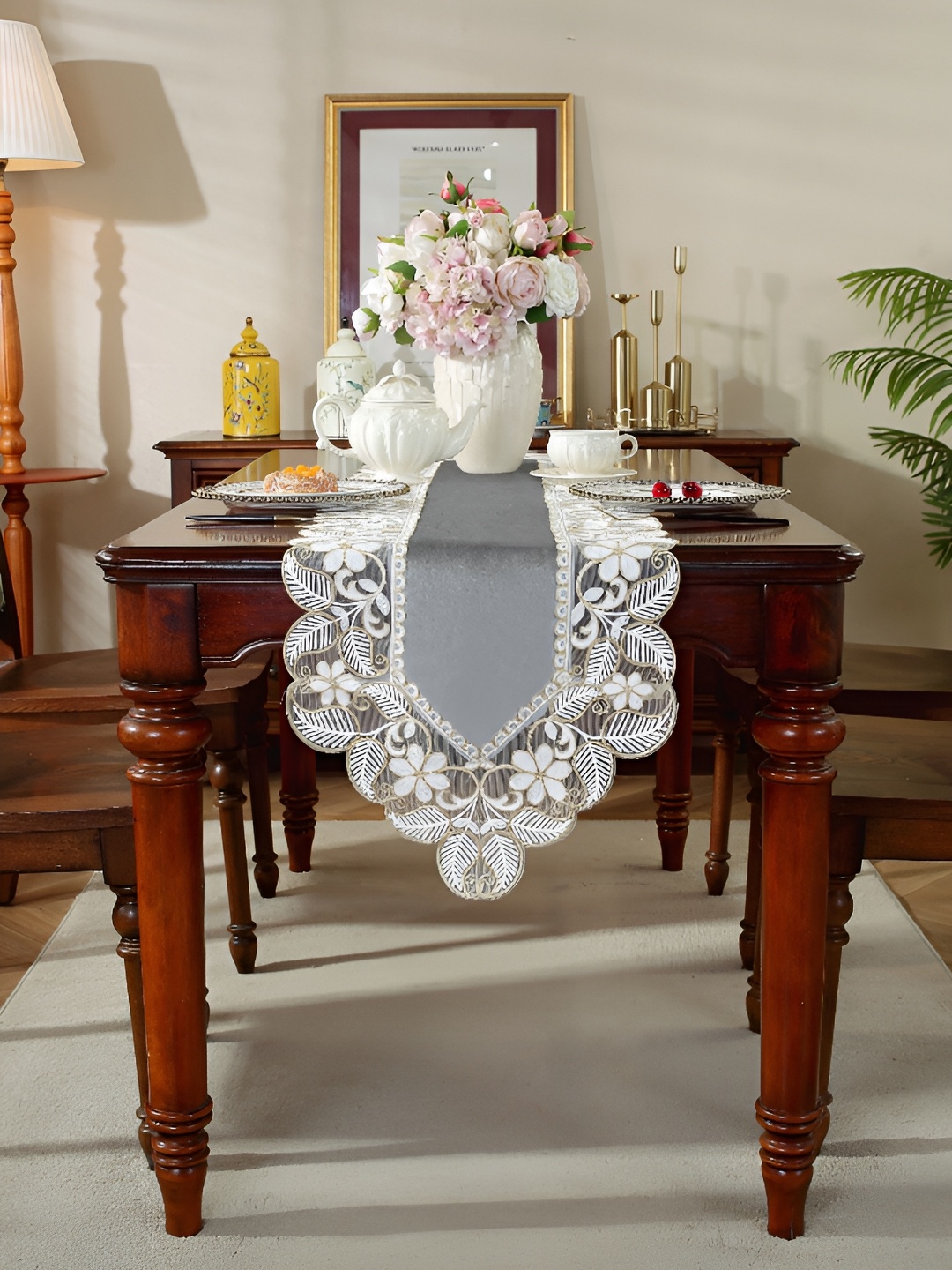 

MONKDECOR Grey Embroidered Velvet Table Runner