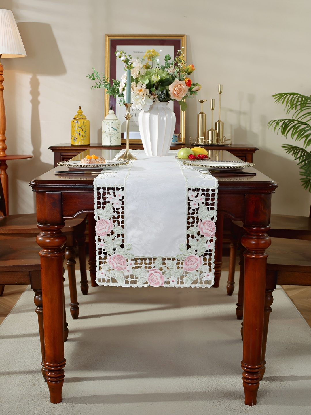 MONKDECOR White & Pink Embroidered Satin Table Runner