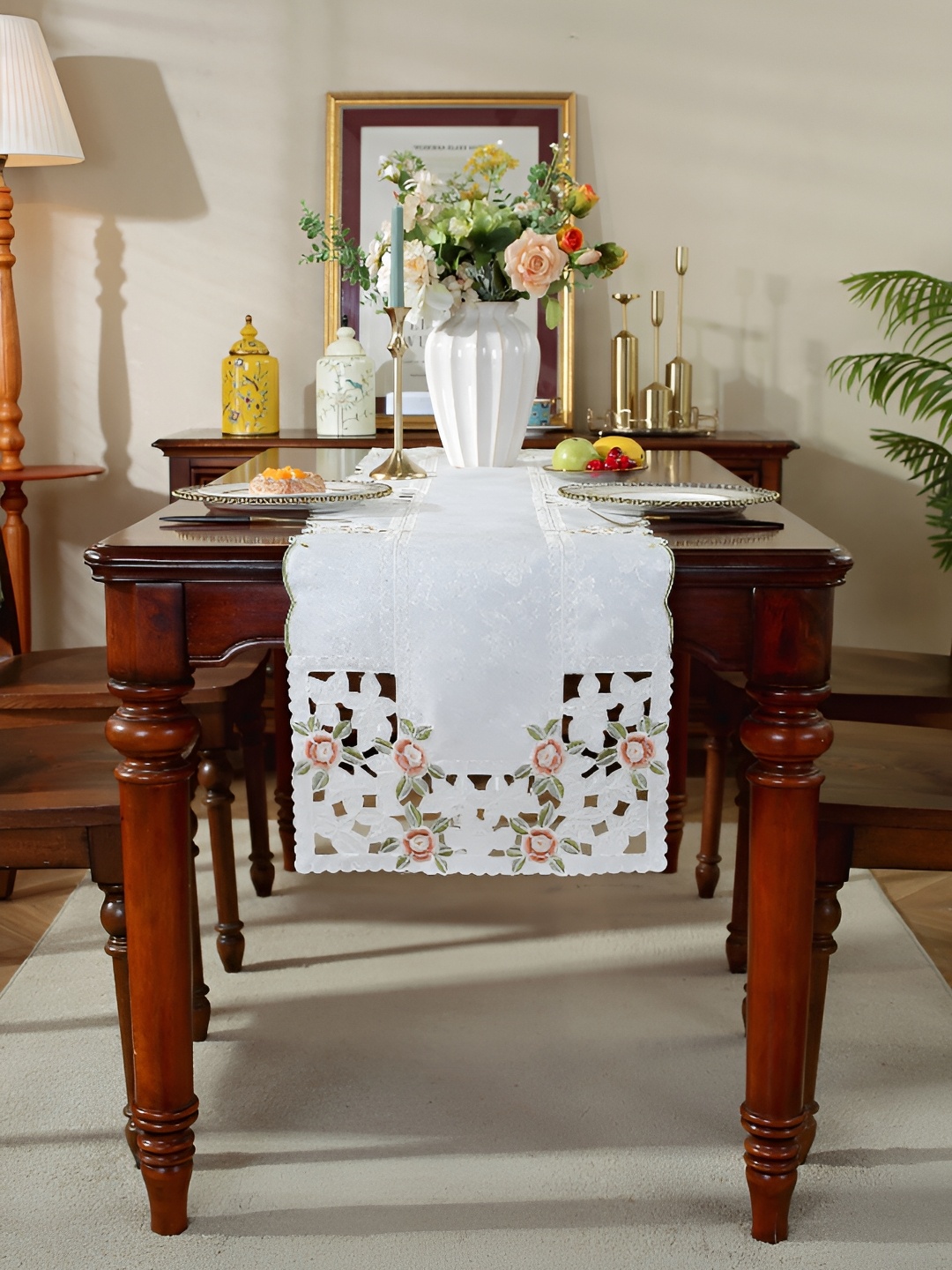 MONKDECOR Peach & White Embroidered Satin Table Runner