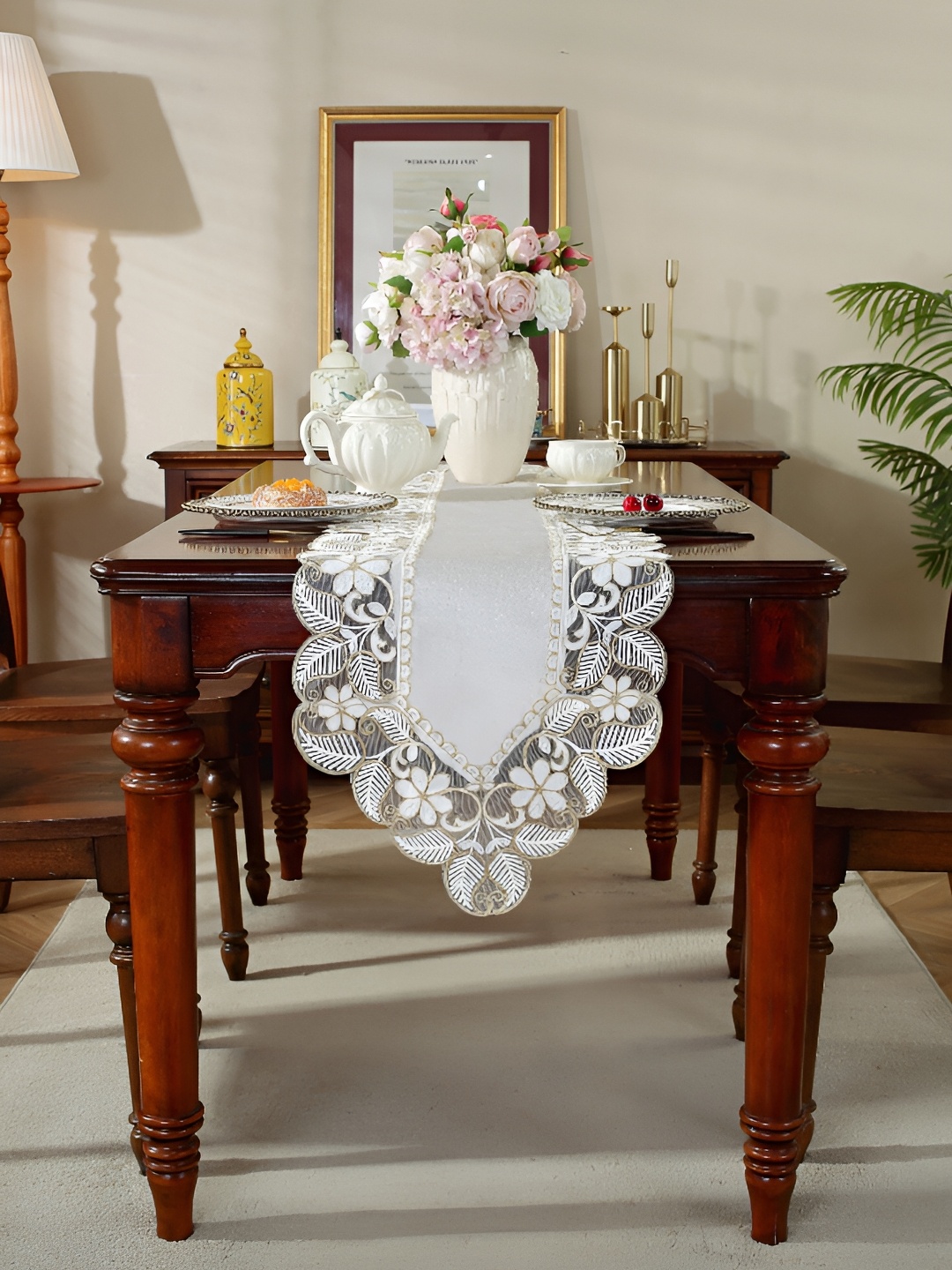 MONKDECOR White Embroidered Velvet Table Runner