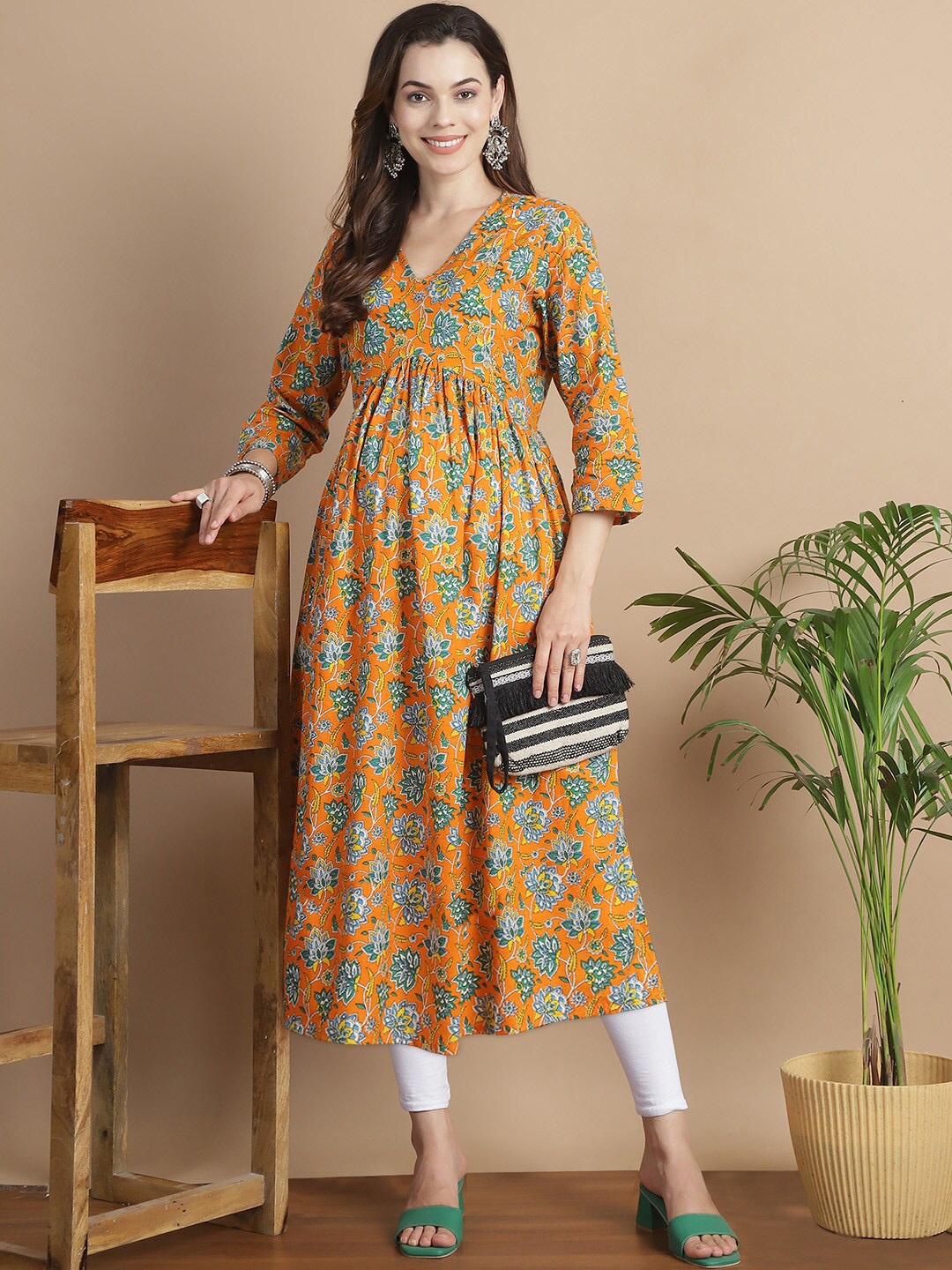 Secret Wish Floral Printed V-Neck Cotton A-Line Maternity Kurta, Orange