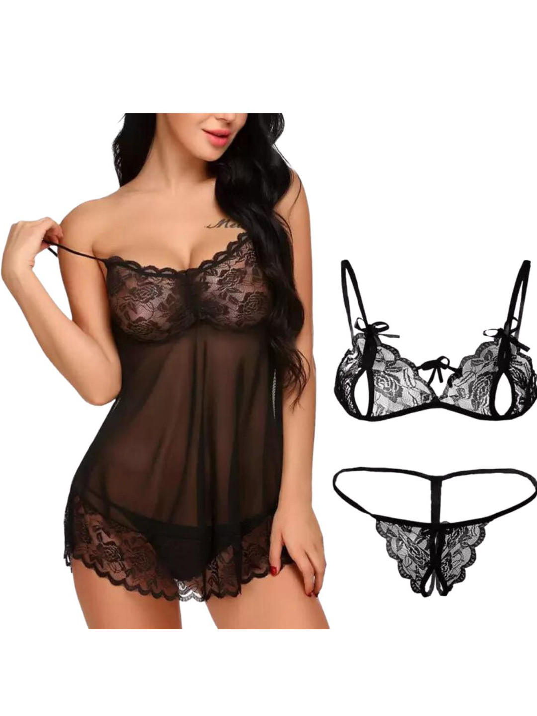 

SGC SWEDEN Self Design Shoulder Strap Net Baby Doll & Brief, Black
