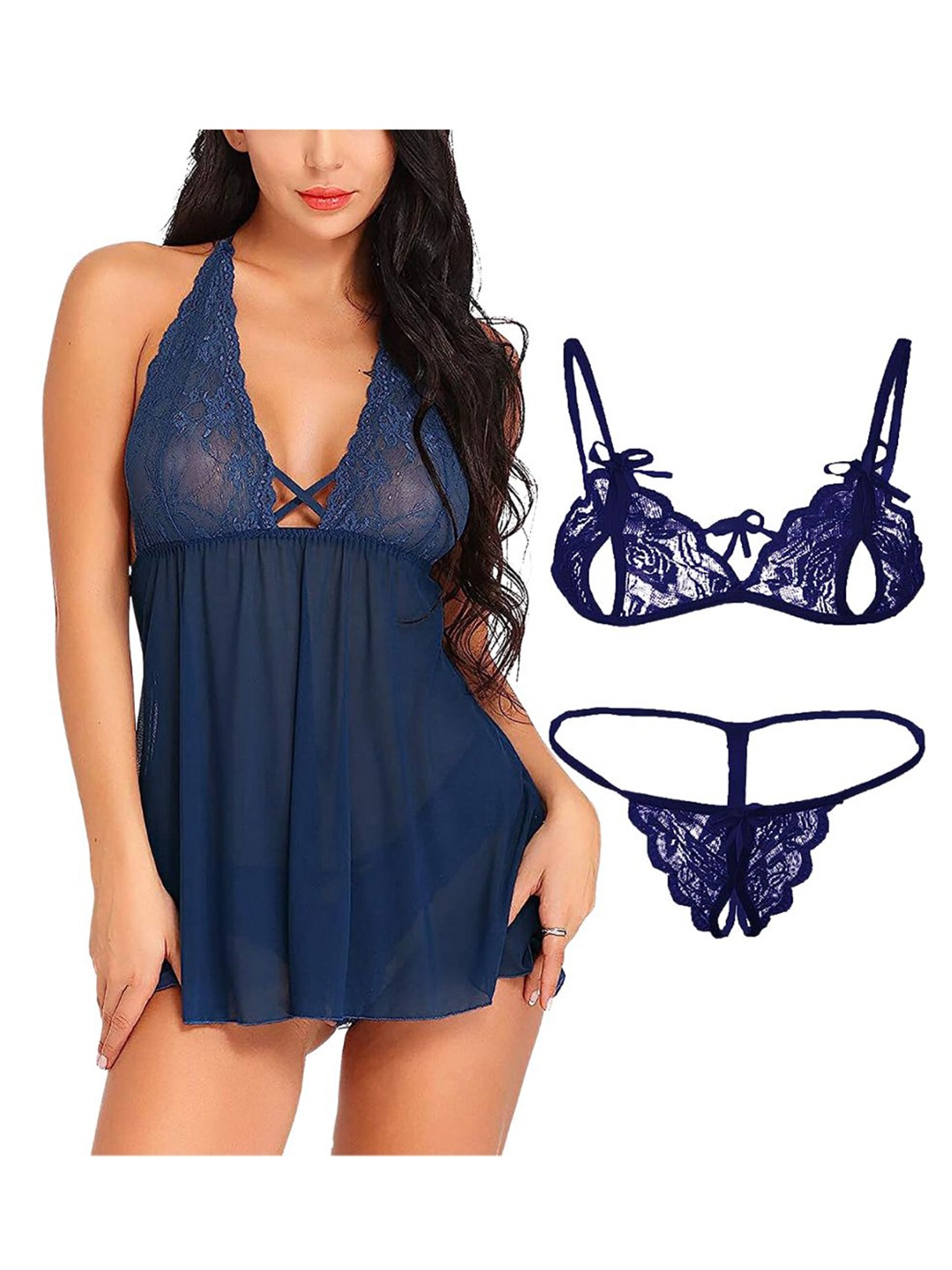

SGC SWEDEN Net Halter Neck Baby Doll & Brief, Navy blue