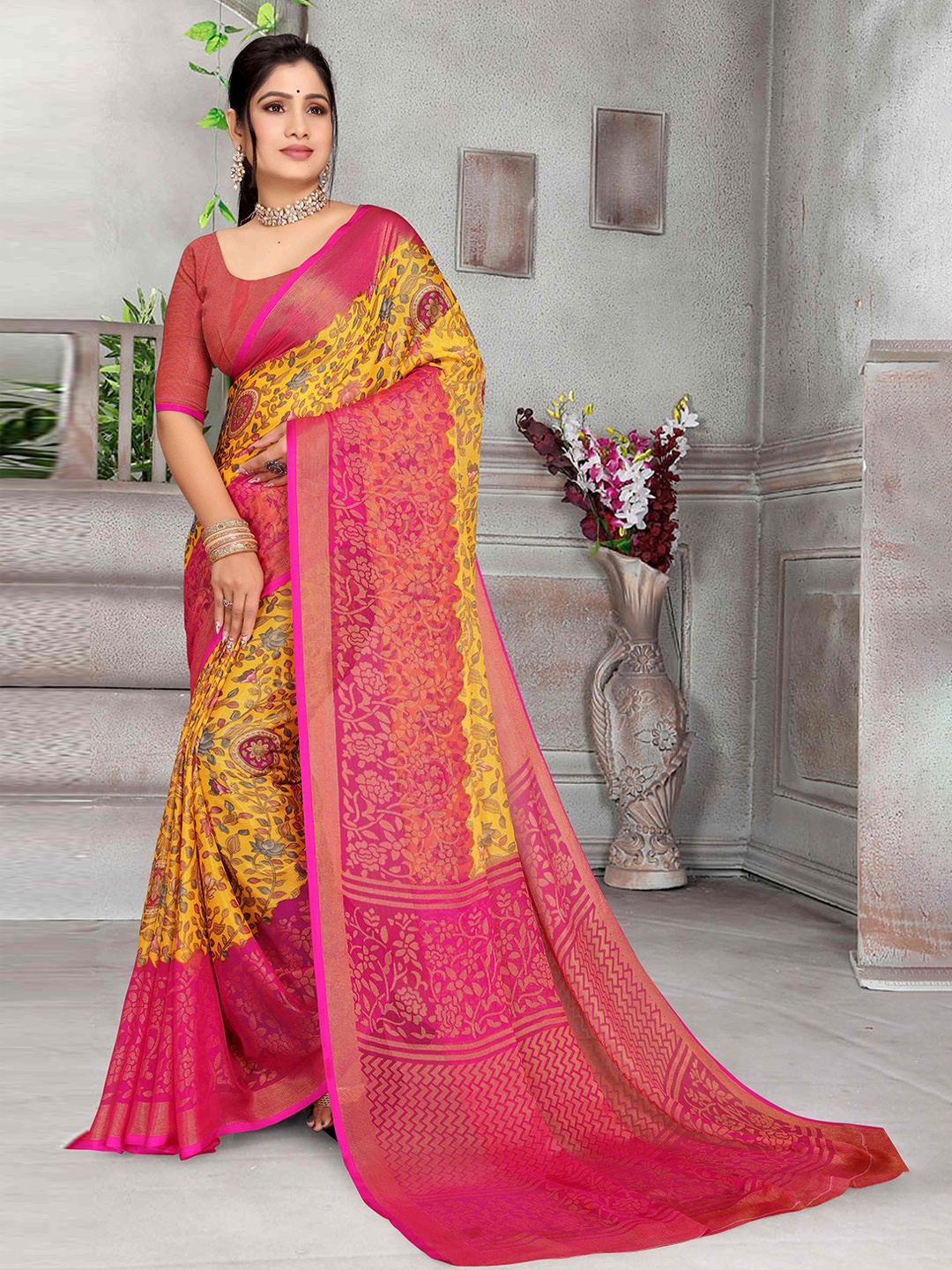 

EMV Floral Printed Chiffon Zari Saree, Mustard