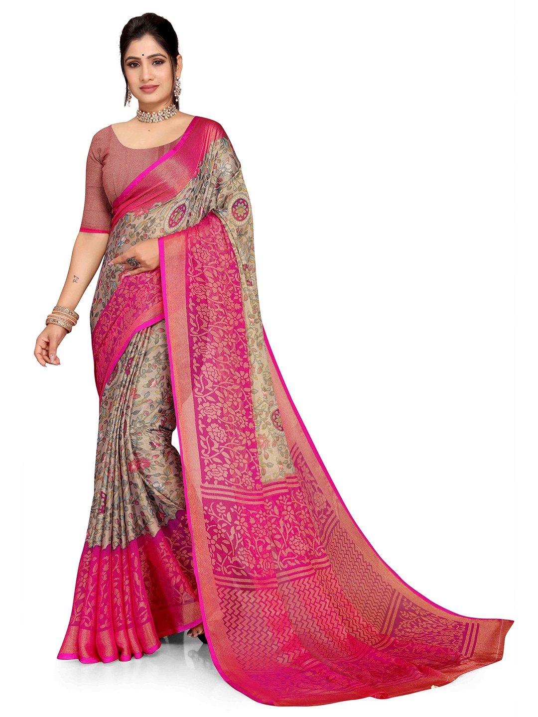 

EMV Floral Printed Chiffon Zari Saree, Pink