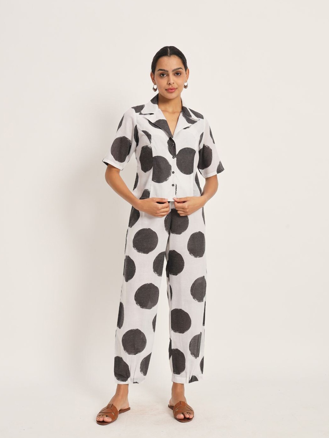 

FABNEST Printed Lapel Collar Top With Trousers Co-Ords, Black