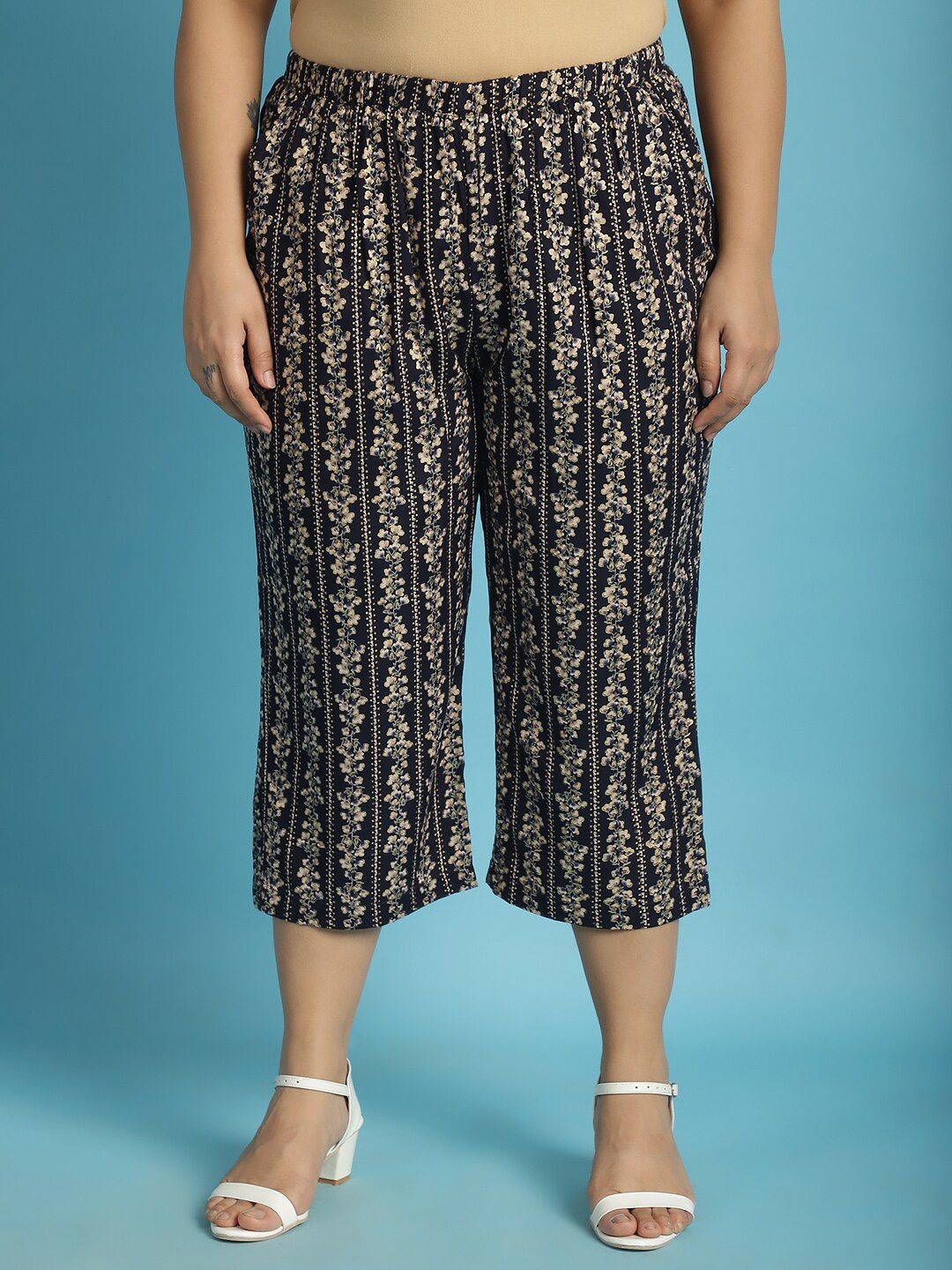 

theRebelinme Women Plus Size Floral Printed Capris, Navy blue