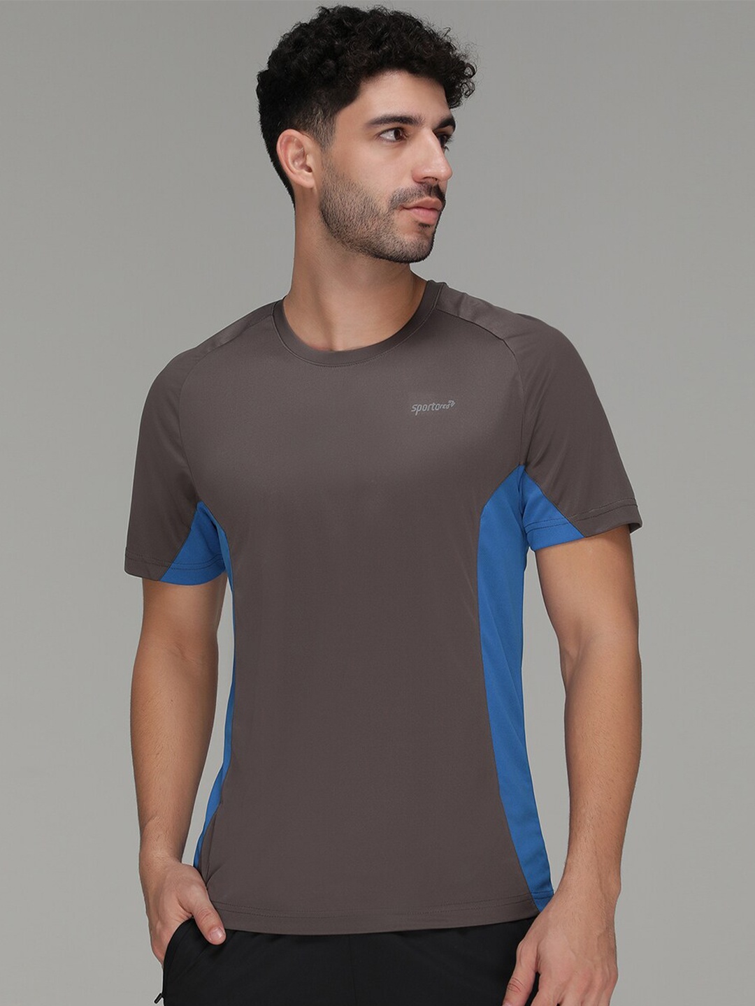 

SPORTO Round Neck Short Raglan Sleeves Colourblocked Regular Fit Cotton T-shirt, Charcoal