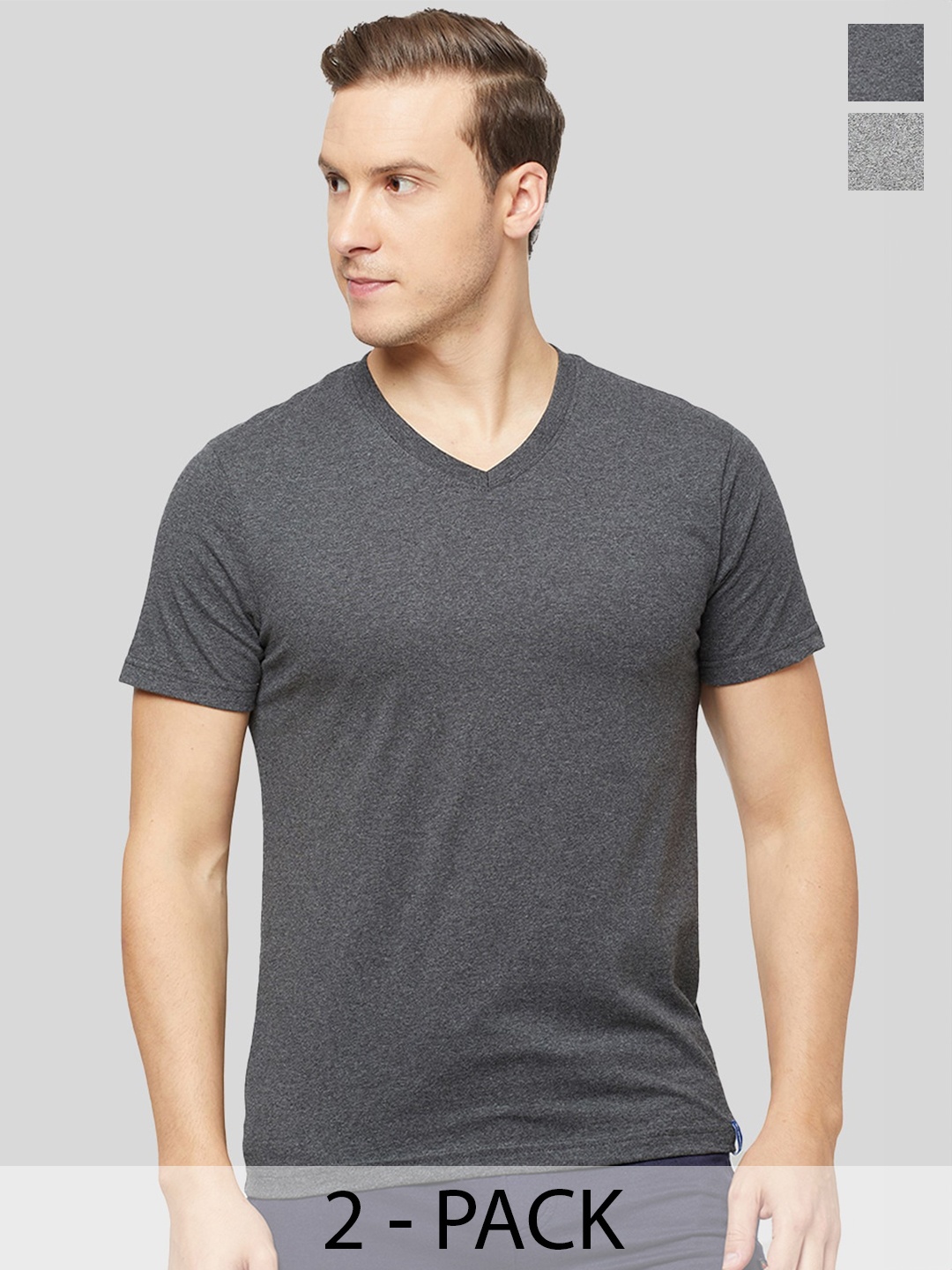 

SPORTO Pack of 2 V Neck Short Sleeves Regular Fit Cotton T-shirt, Grey melange