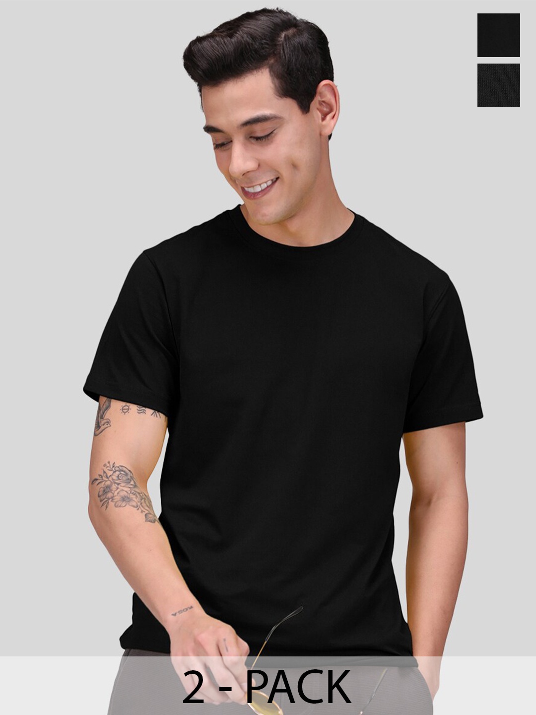

SPORTO Pack Of 2 Round Neck Short Sleeves Cotton T-shirts, Black