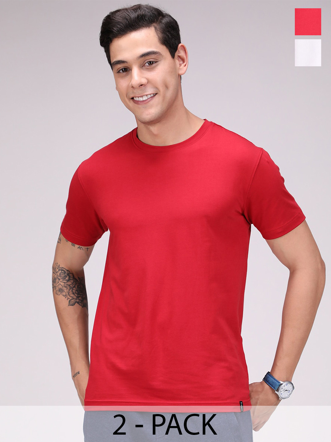 

SPORTO Pack Of 2 Cotton Round Neck Stretchable T-Shirts, Red