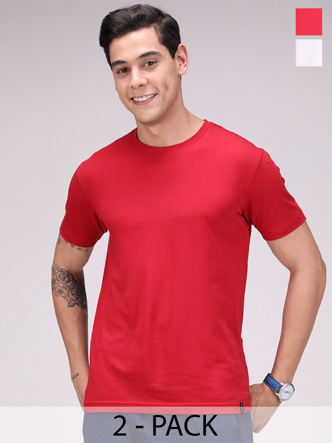 

SPORTO Pack of 2 Round Neck Short Sleeves Regular Fit Cotton T-shirt, Red