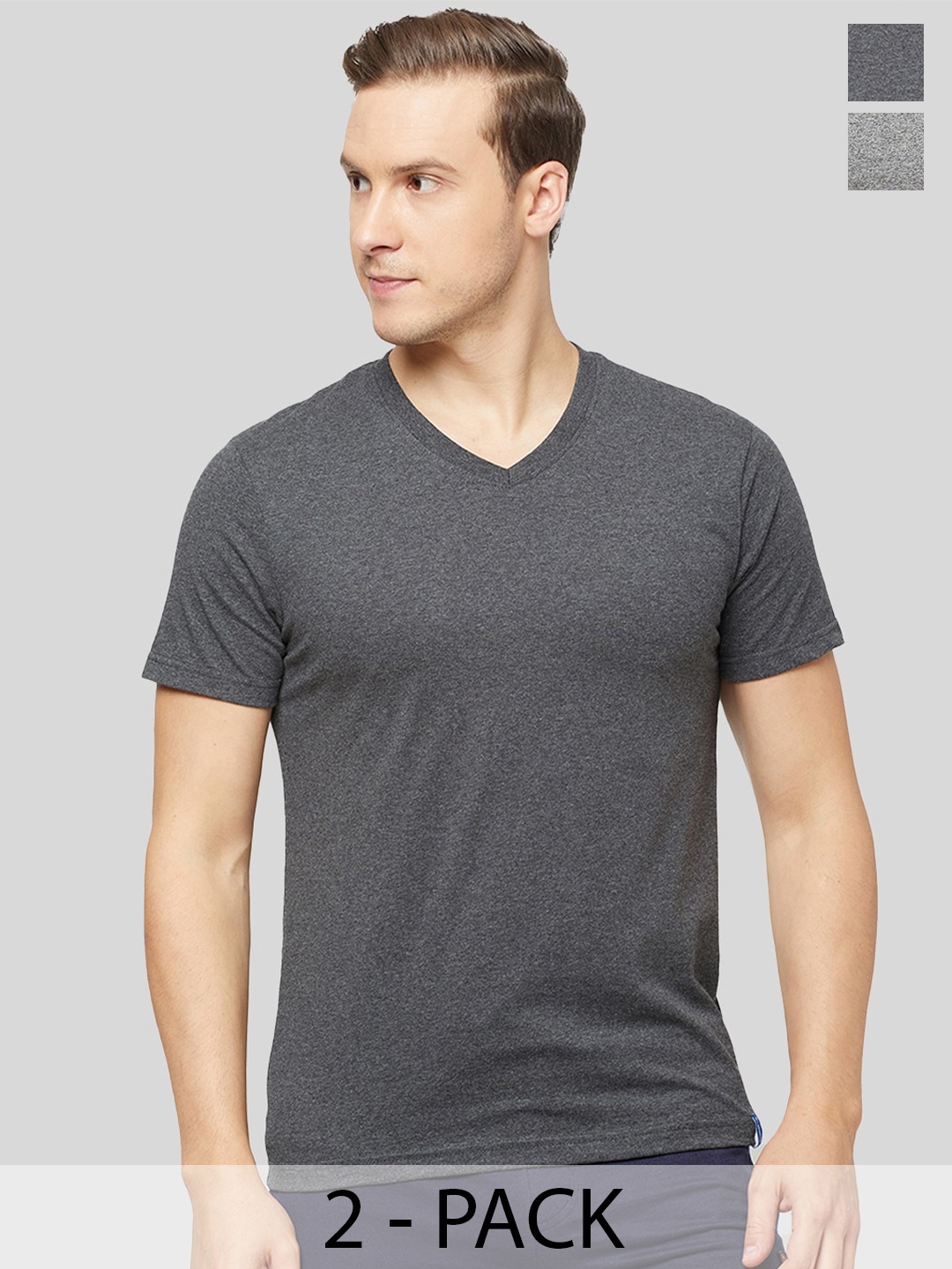 

SPORTO Pack Of 2 V-Neck Short Sleeves T-shirts, Grey melange