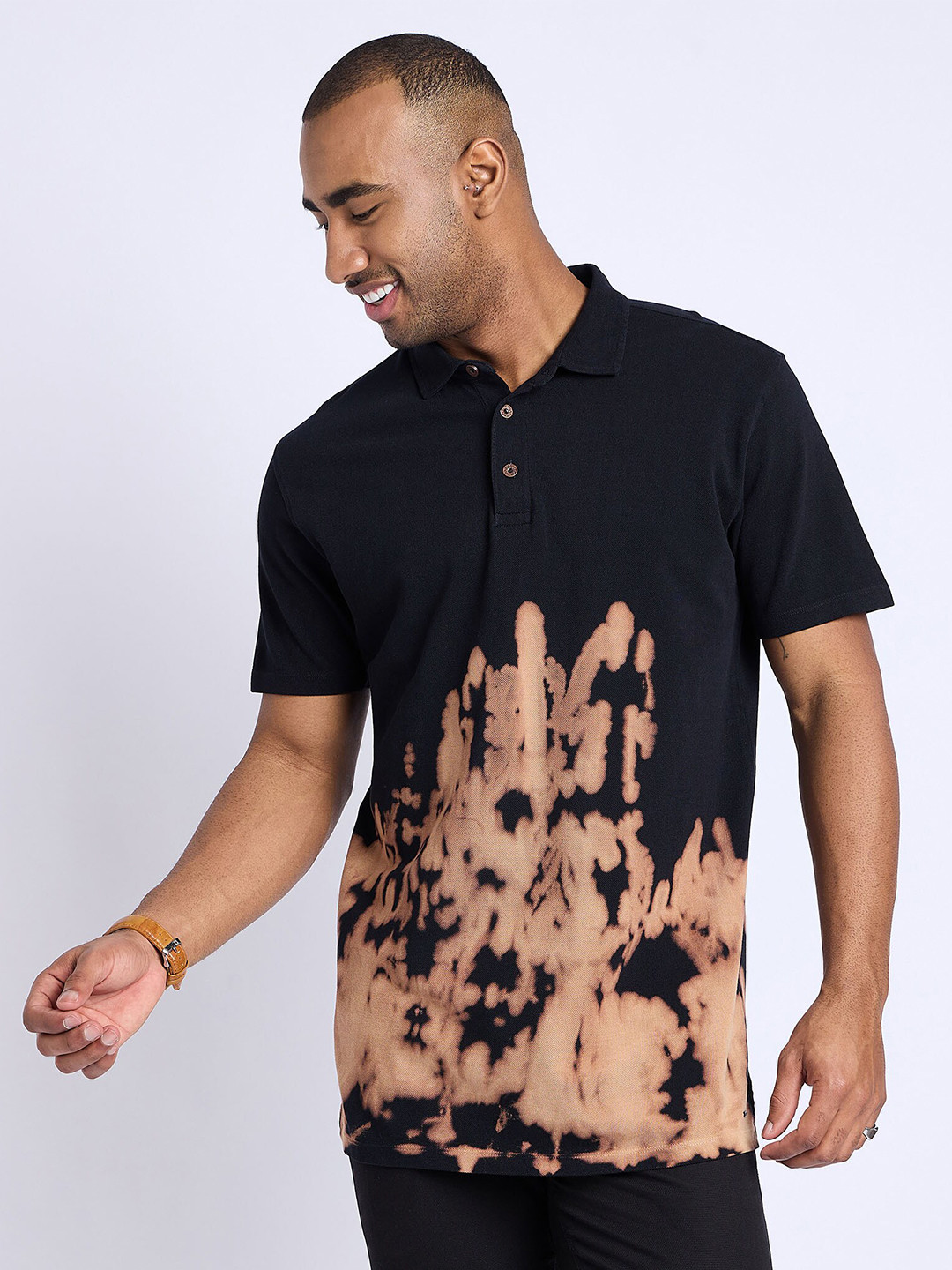 

EDRIO Graphic Printed Cotton Polo Collar T-shirt, Black