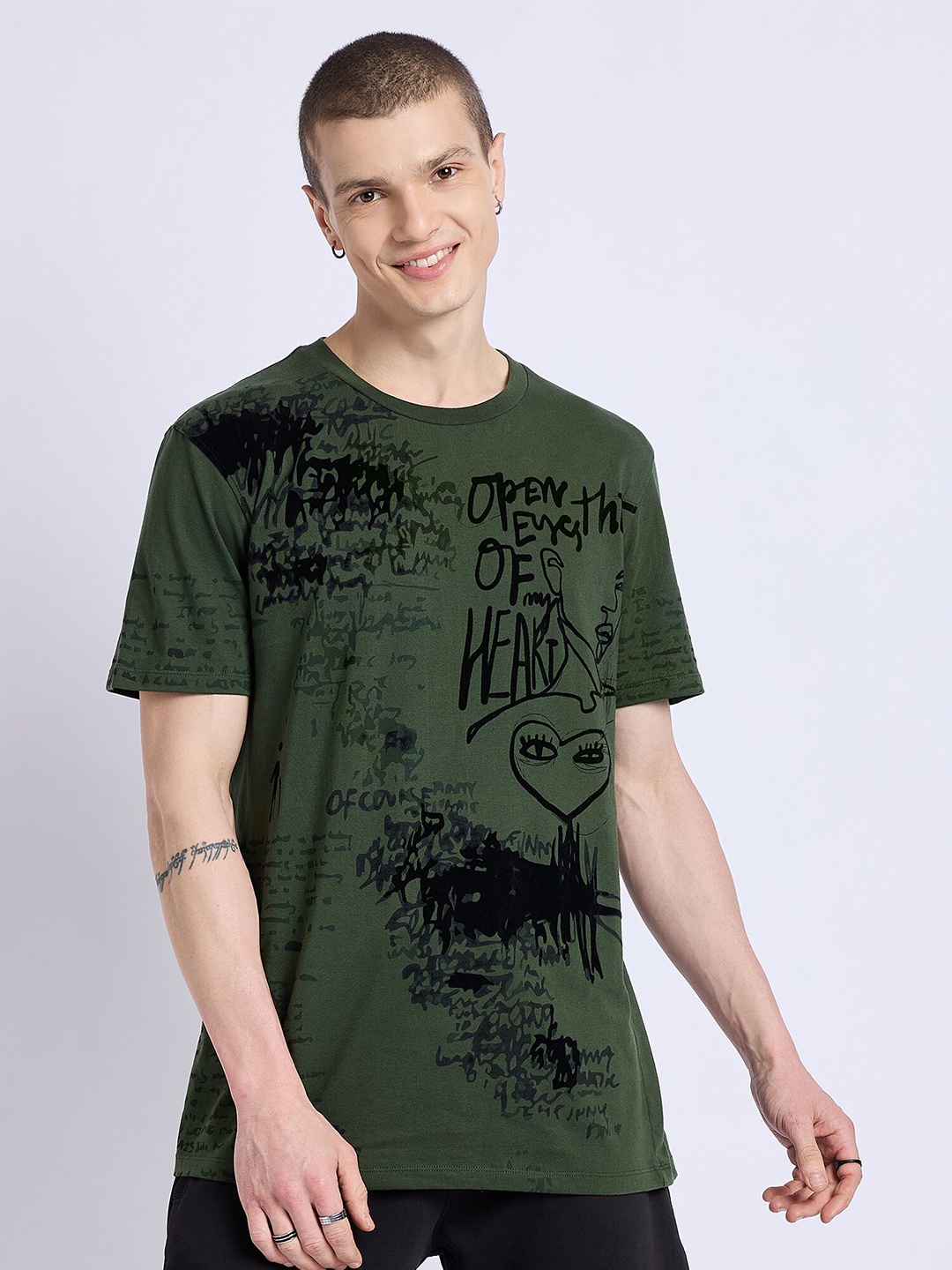 

EDRIO Printed Round Neck Cotton T-shirt, Green