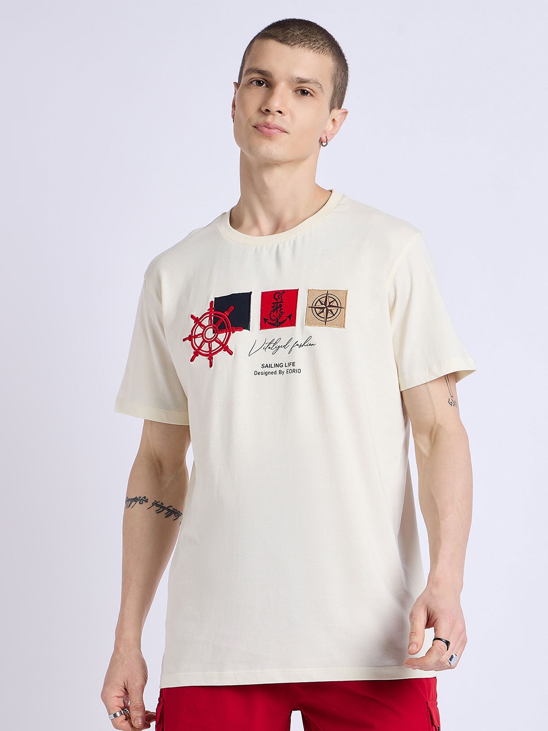 EDRIO Graphic Printed Round Neck Cotton Casual T-shirt, White
