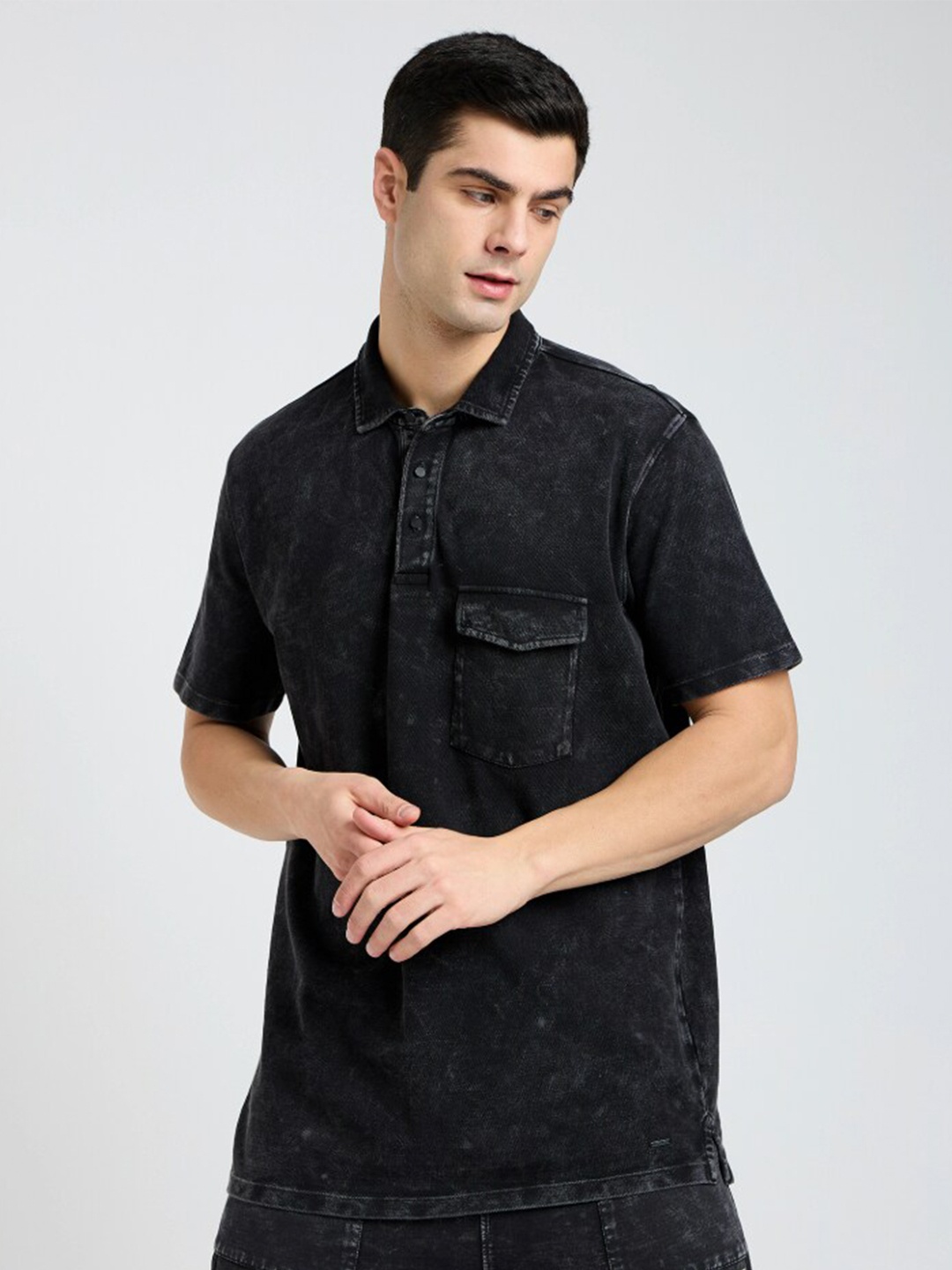 

EDRIO Cotton Polo Collar T-shirt, Black