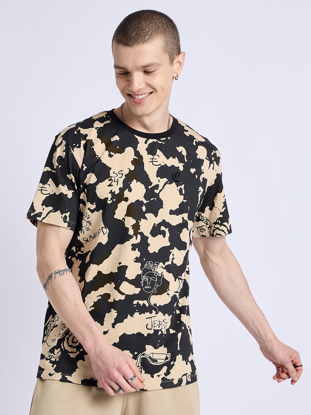 

EDRIO Abstract Printed Round Neck Cotton Casual T-shirt, Beige