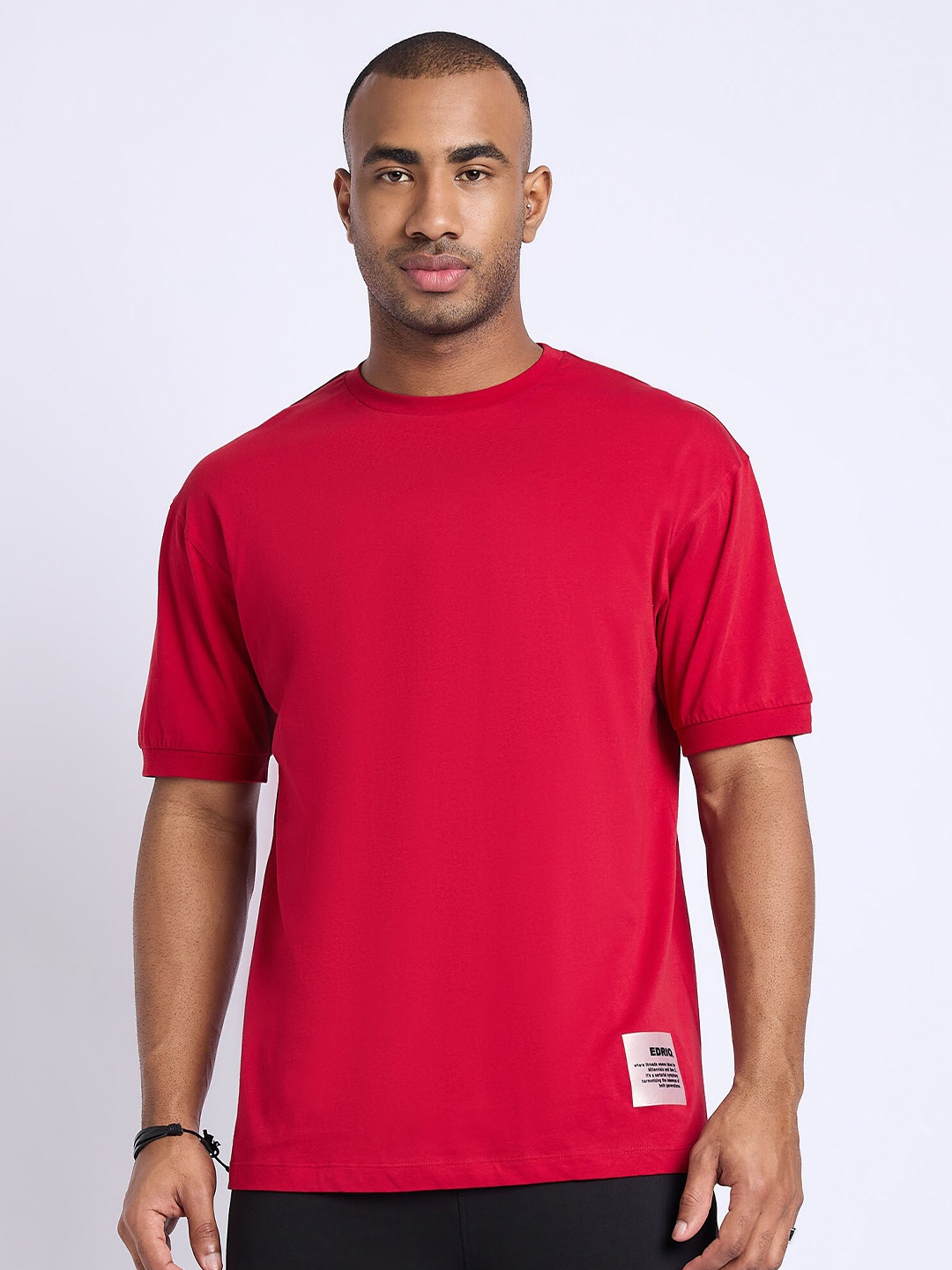 

EDRIO Round Neck Cotton Oversized T-shirt, Red