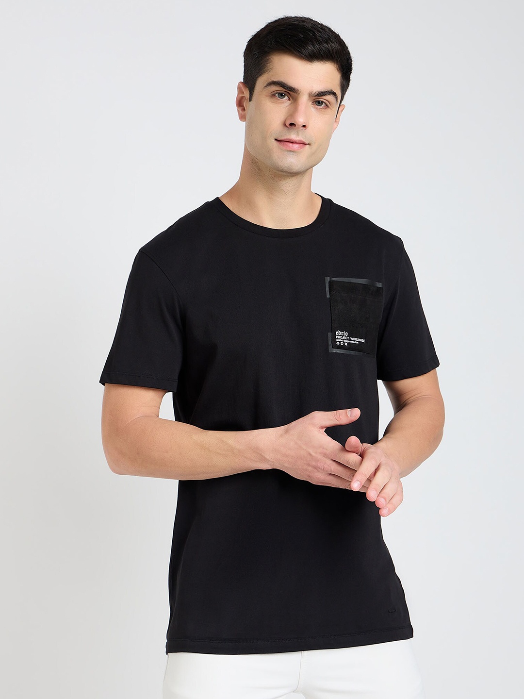 

EDRIO Round Neck Short Sleeves Pocket Cotton T-shirt, Black