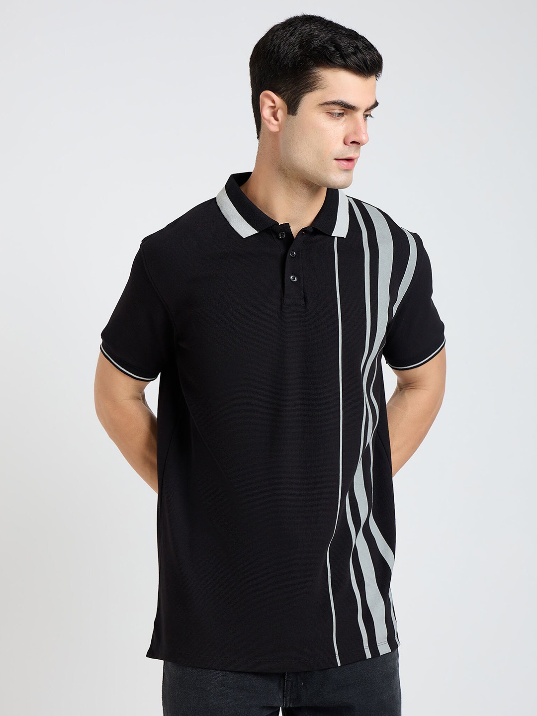 

EDRIO Striped Polo Collar Cotton T-shirt, Black