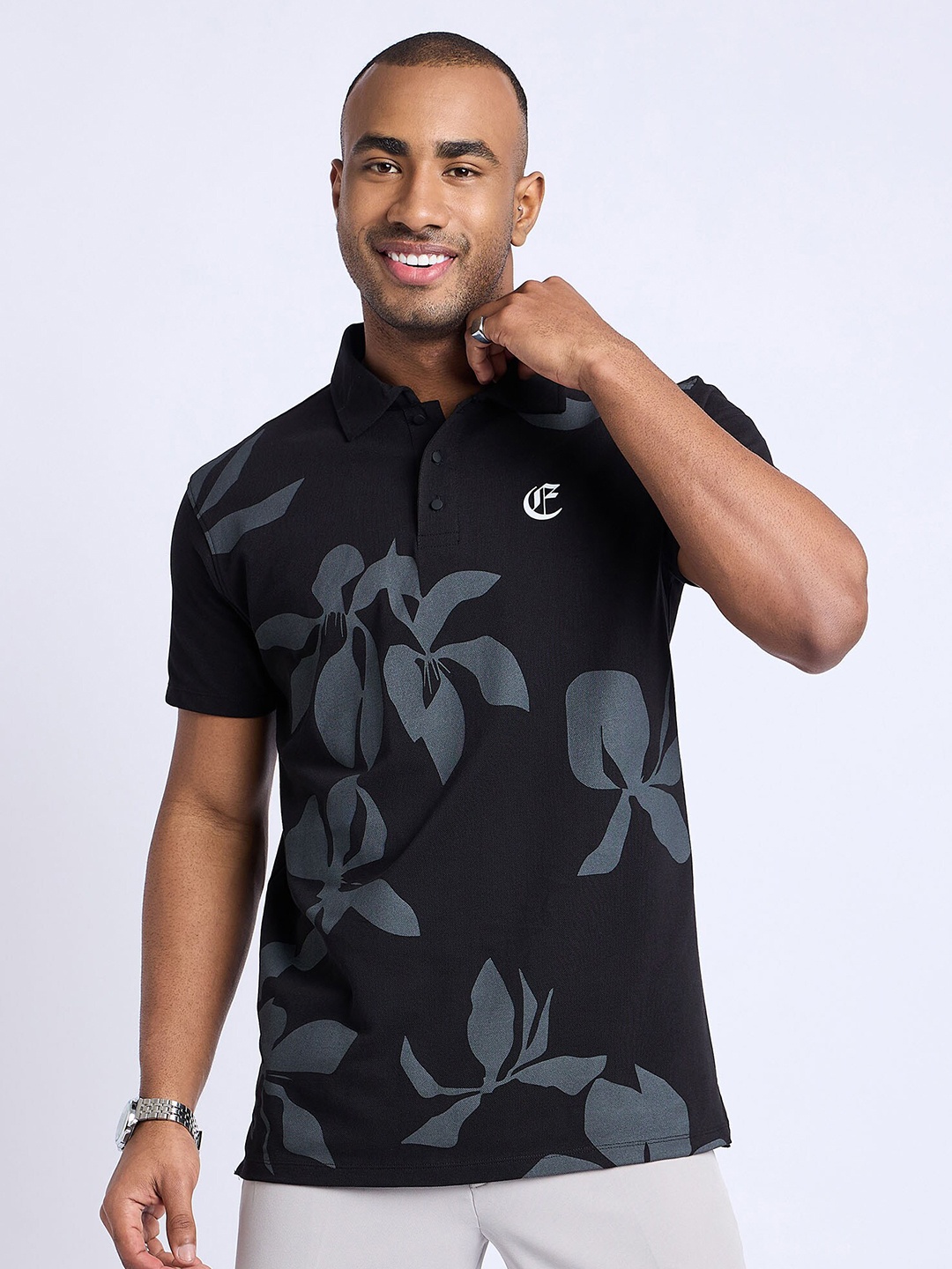 

EDRIO Floral Printed Cotton Polo Collar T-shirt, Black