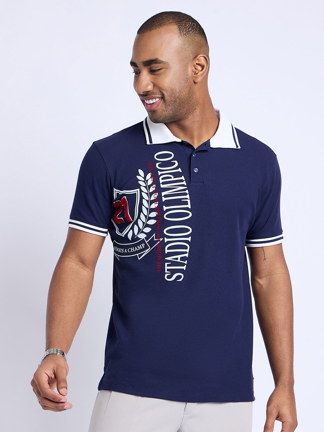 

EDRIO Typography Printed Polo Collar Cotton T-shirt, Navy blue