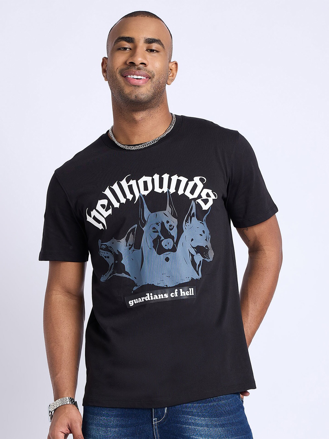 EDRIO Typography Printed Round Neck Cotton Casual T-shirt, Black