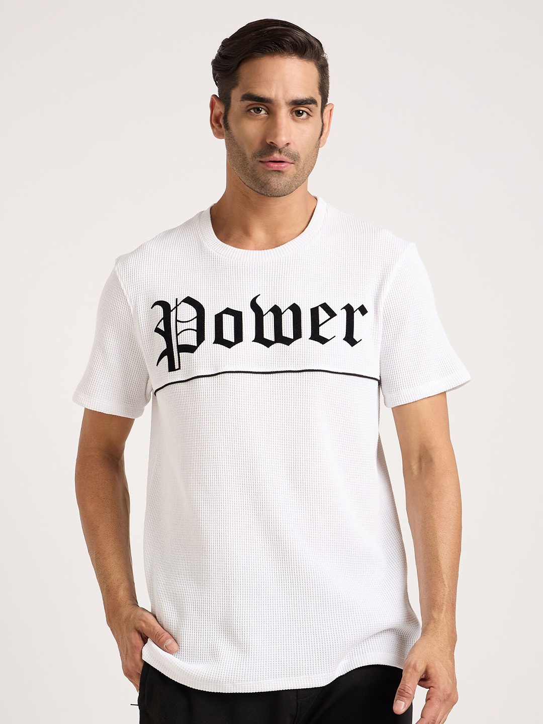 

EDRIO Typography Printed Round Neck Cotton Casual T-shirt, White