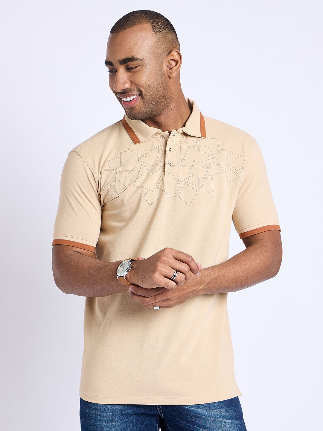 

EDRIO Polo Collar Embroidered Cotton T-shirt, Beige